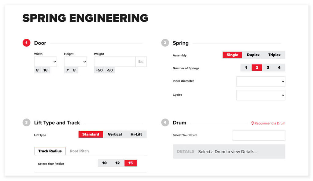 Screengrab of the Online Spring Engineering. It provides inputs for Door, Spring, Lift Type and Track, and Drum.